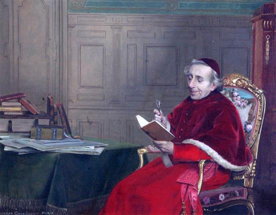 Georges Croegaert (1848-1923) Cardinals playing chess and reading a book 10 x 13.5in.